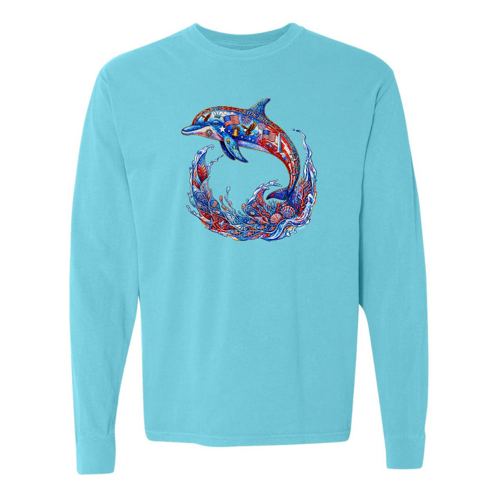 Light blue long-sleeve shirt with a colorful dolphin design on a white background