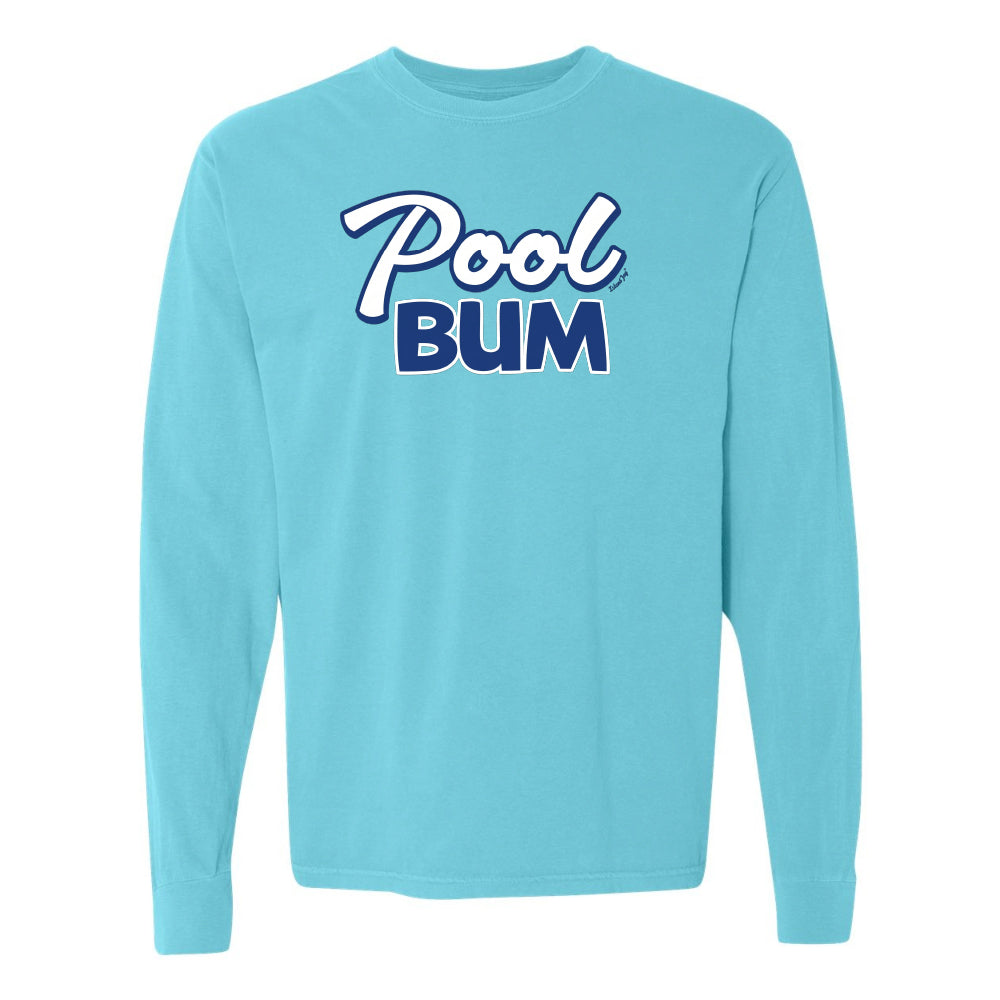 Light blue long-sleeve shirt with 'Pool Bum' text on a white background