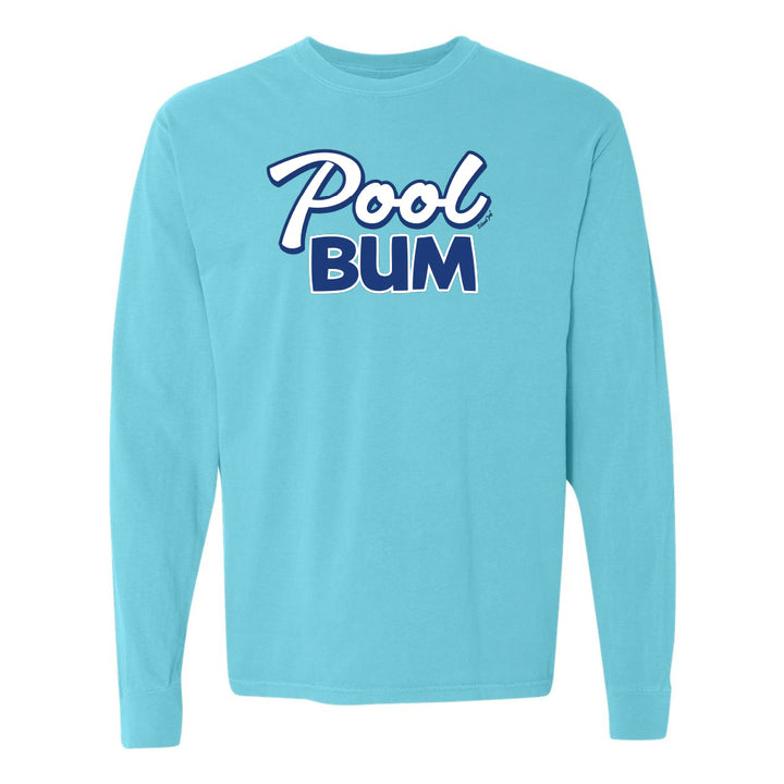 Light blue long-sleeve shirt with 'Pool Bum' text on a white background