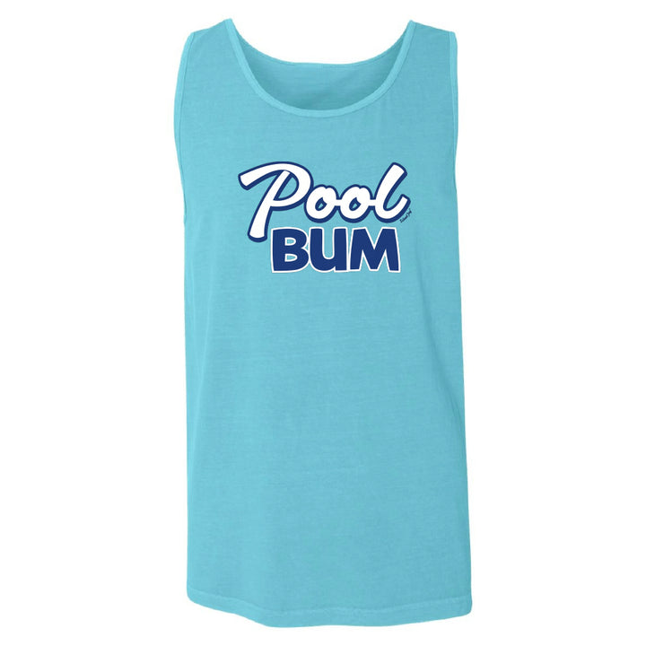 Light blue tank top with 'Pool Bum' text on a white background