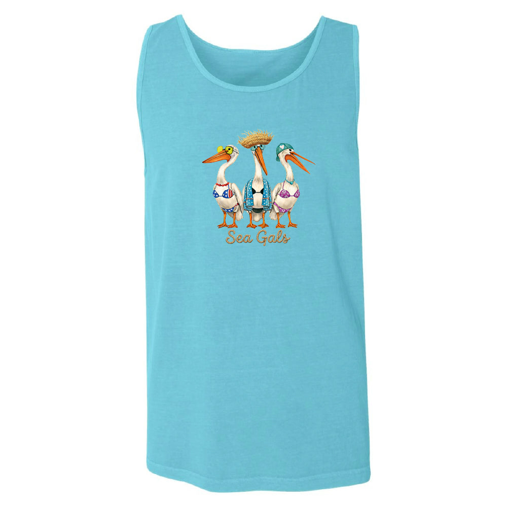 Blue tank top with pelican design and 'Sea Gals' text on a white background