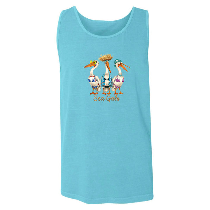 Blue tank top with pelican design and 'Sea Gals' text on a white background