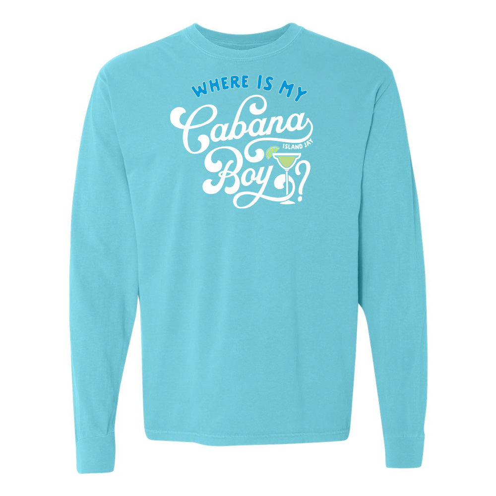 Light blue long-sleeve shirt with text design on a white background
