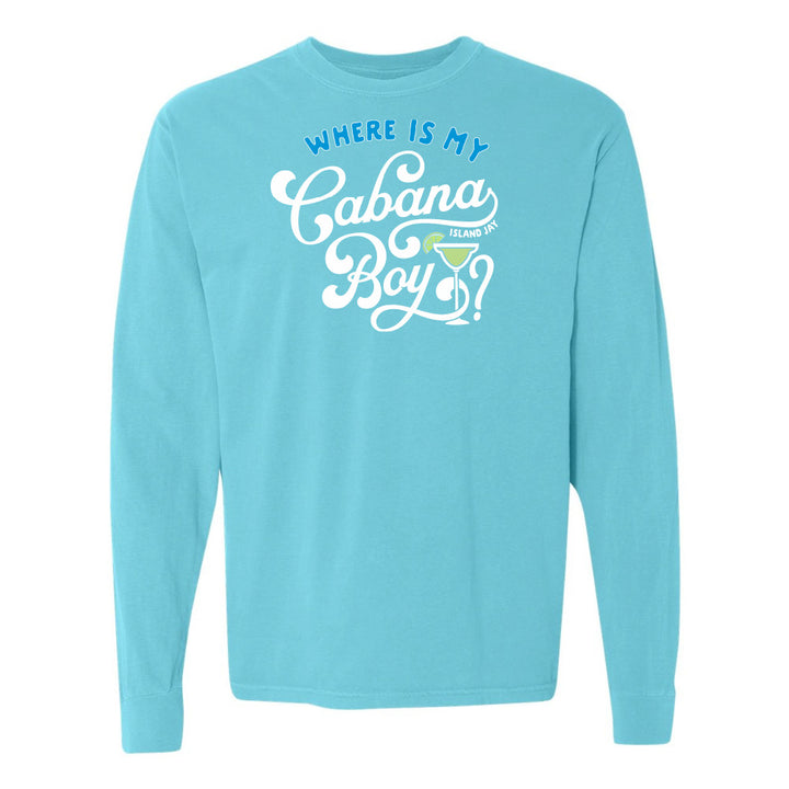 Light blue long-sleeve shirt with text design on a white background