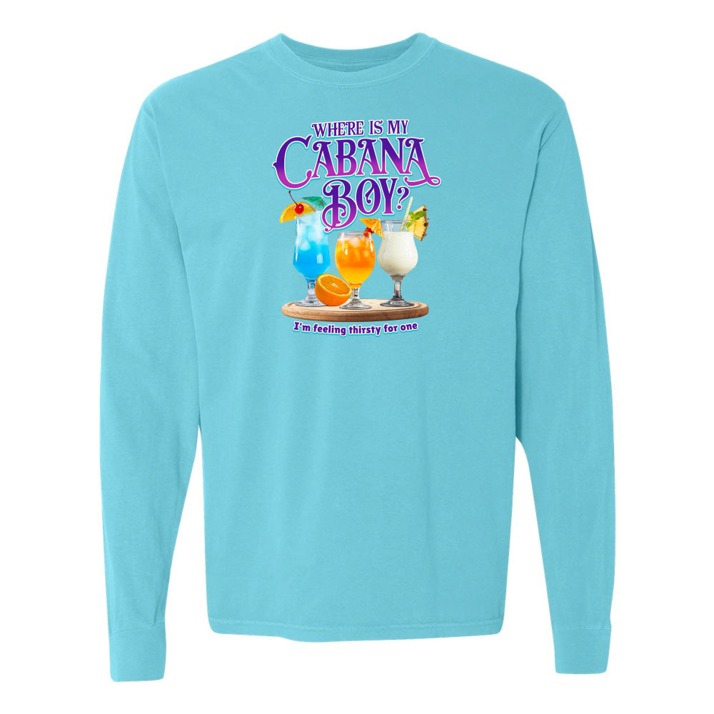 Light blue long-sleeve shirt with 'Where is my Cabana Boy?' text and cocktail graphics on a white background