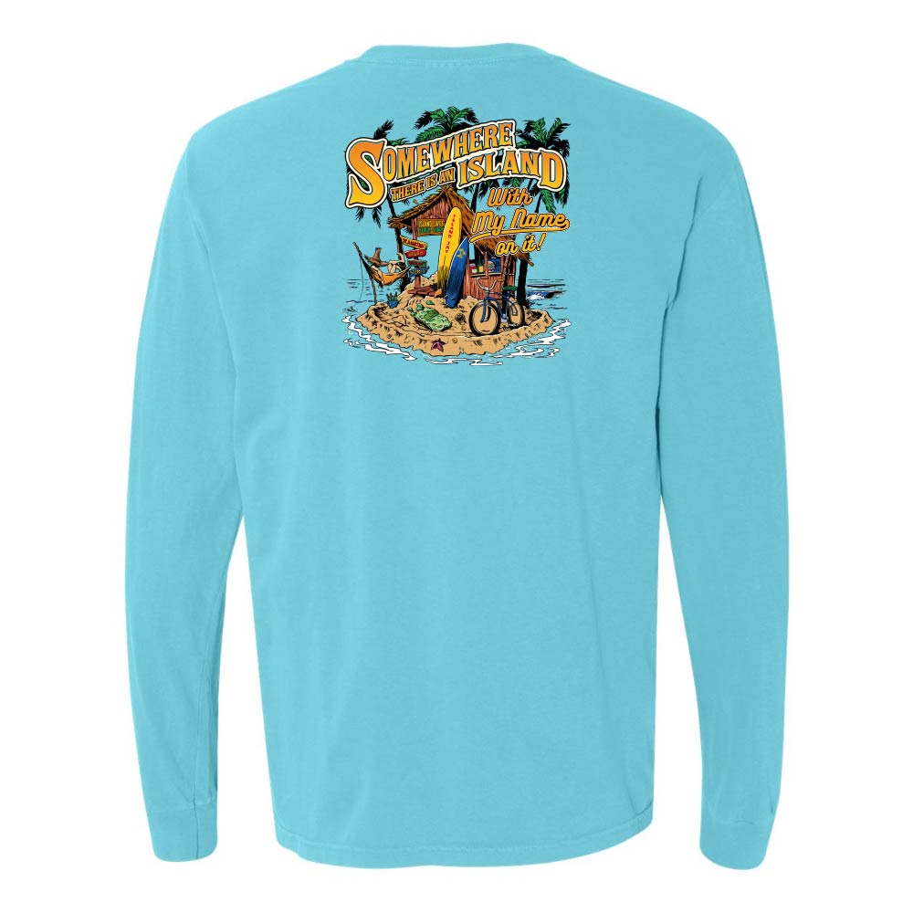 Light blue long-sleeve shirt with a colorful graphic on the back featuring text and beach elements.