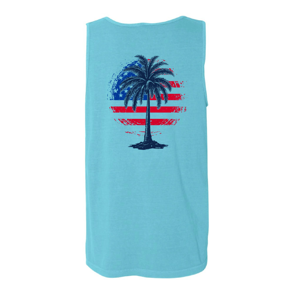 Light blue tank top with a palm tree and American flag design on a white background