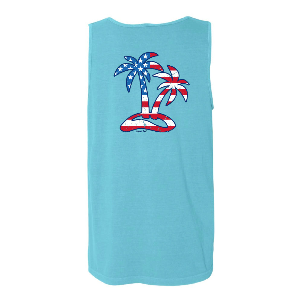 Light blue tank top with American flag palm trees on a white background