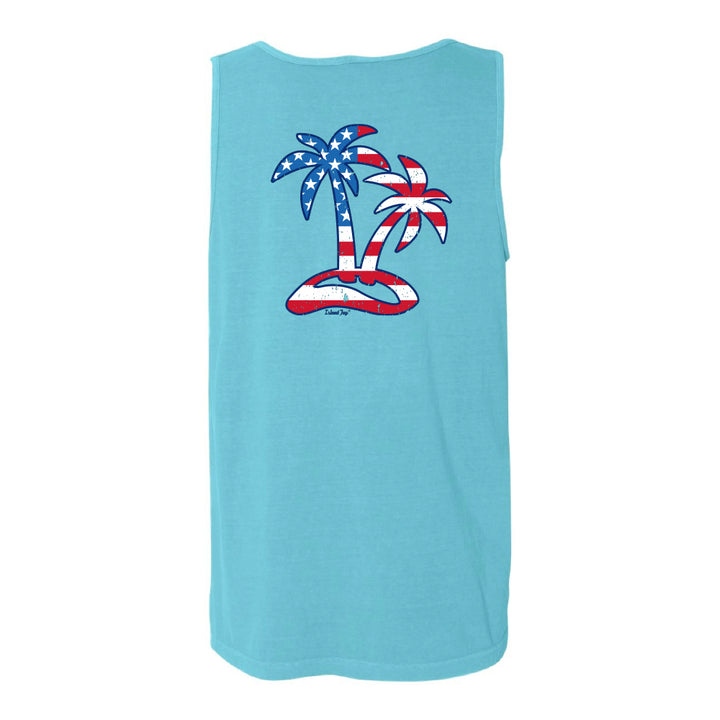 Light blue tank top with American flag palm trees on a white background