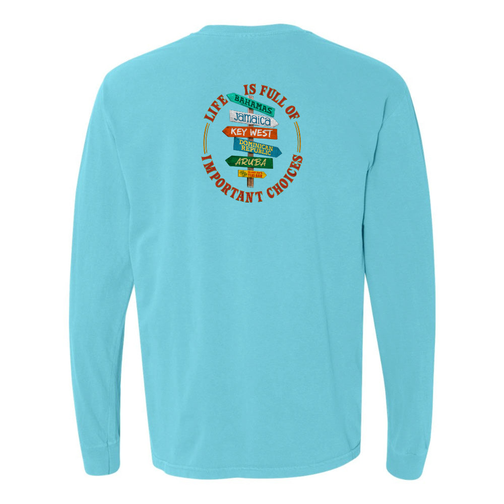 Light blue long-sleeve shirt with colorful graphic on the back against a white background