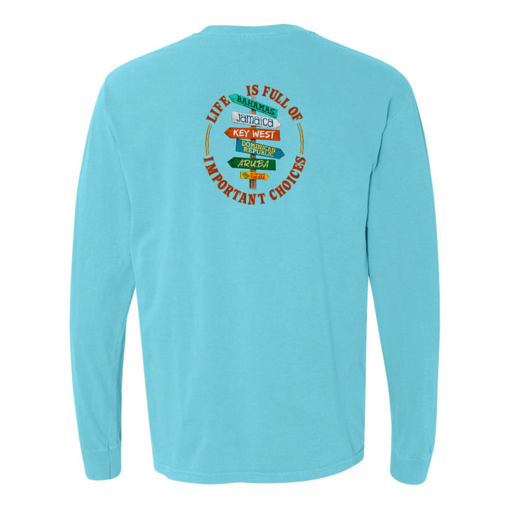 Light blue long-sleeve shirt with colorful graphic on the back against a white background