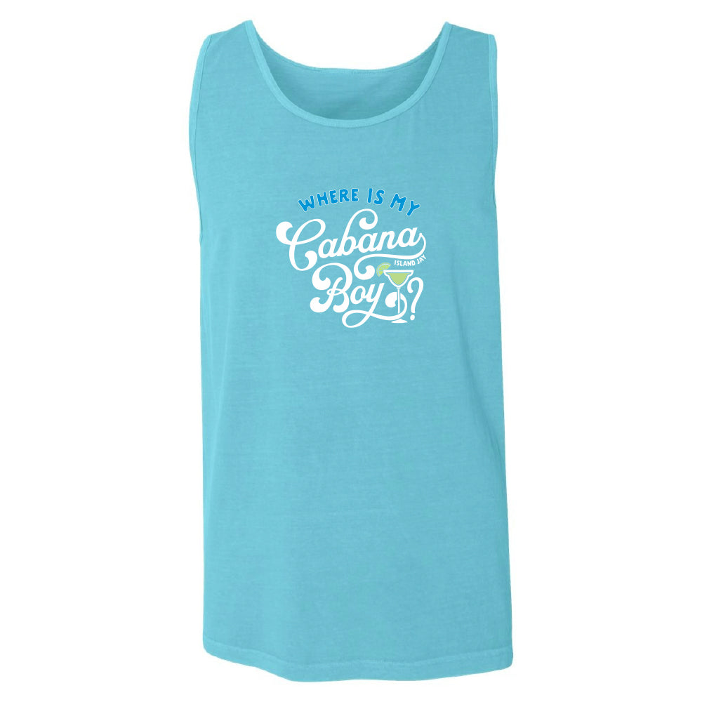 Blue tank top with 'Where is my Cabana Boy' text on a white background