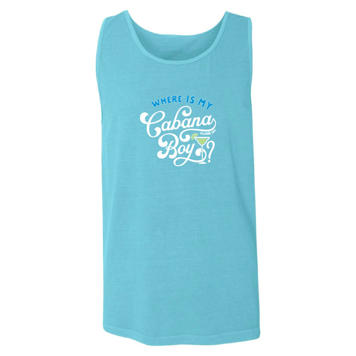Blue tank top with 'Where is my Cabana Boy' text on a white background