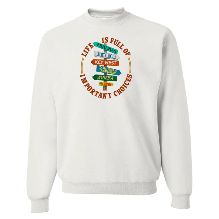 White sweatshirt with colorful graphic and text on a white background
