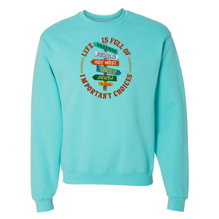 Turquoise sweatshirt with text design on a white background