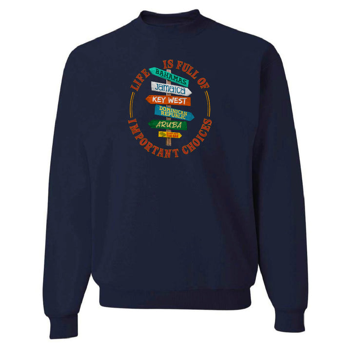 Navy blue sweatshirt with colorful graphic design on a white background