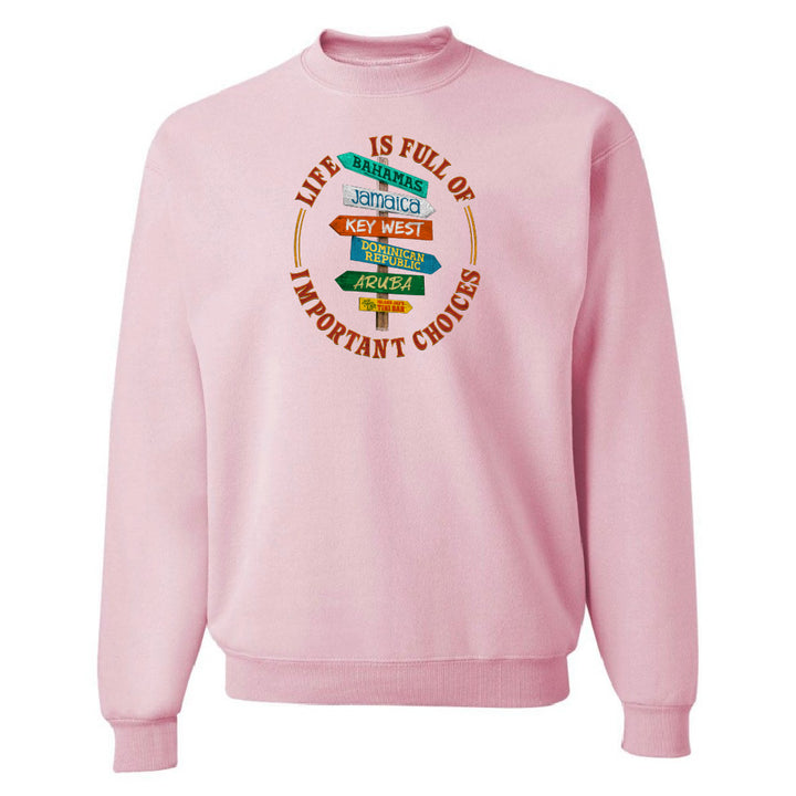 Pink sweatshirt with a colorful graphic and text on a white background