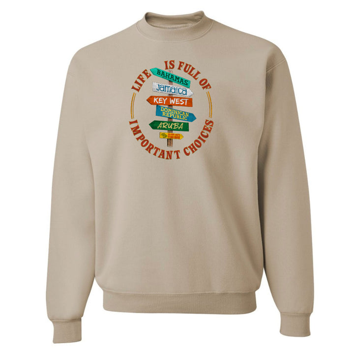 Beige sweatshirt with colorful graphic and text on a white background