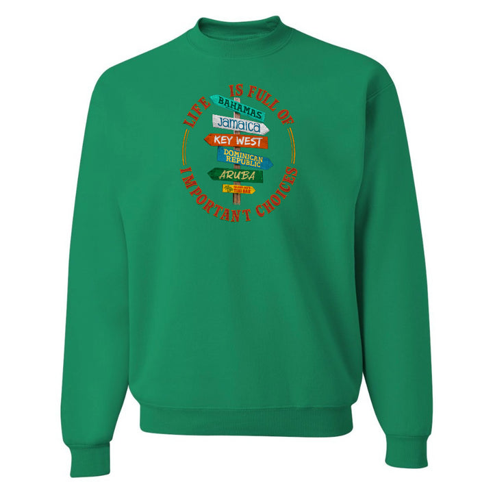 Green sweatshirt with colorful text design on a white background