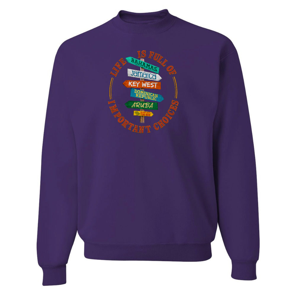 Purple sweatshirt with colorful text design on a white background