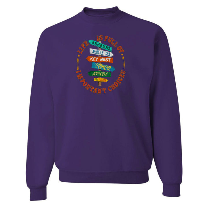 Purple sweatshirt with colorful text design on a white background