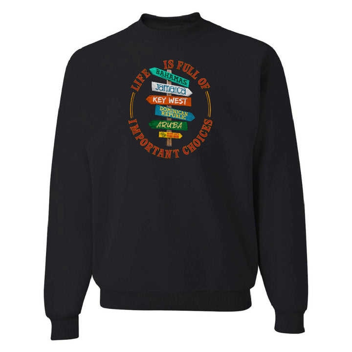 Black sweatshirt with colorful graphic design on a white background