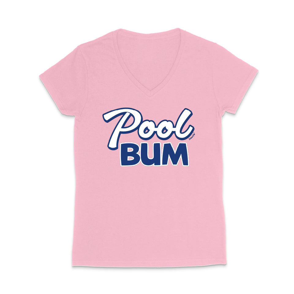 Pink t-shirt with 'Pool Bum' text on a white background