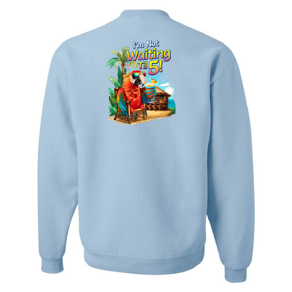 Light blue sweatshirt with a colorful graphic on the back featuring a character and text.