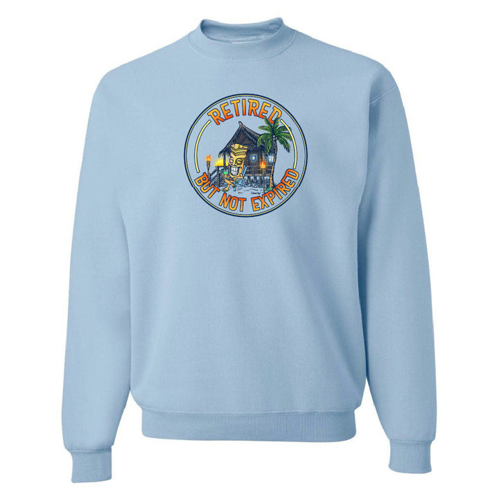 Light blue sweatshirt with a colorful graphic and text on a white background