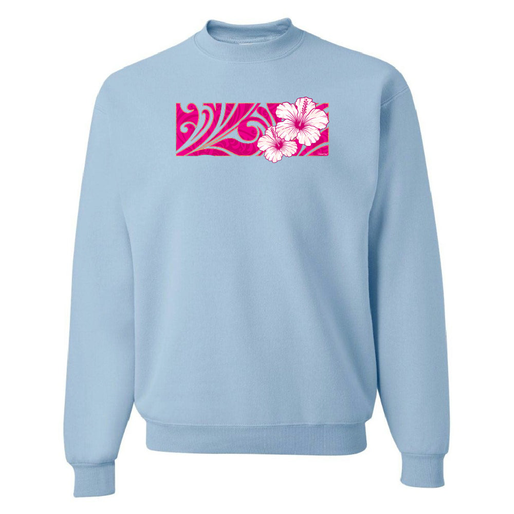 Light blue sweatshirt with pink floral design on a white background