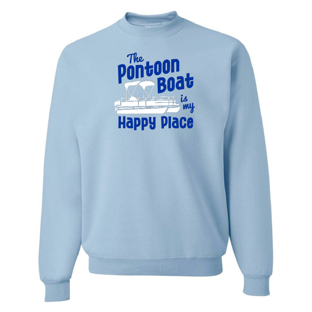 Light blue sweatshirt with 'The Pontoon Boat is my Happy Place' text and graphic on a white background