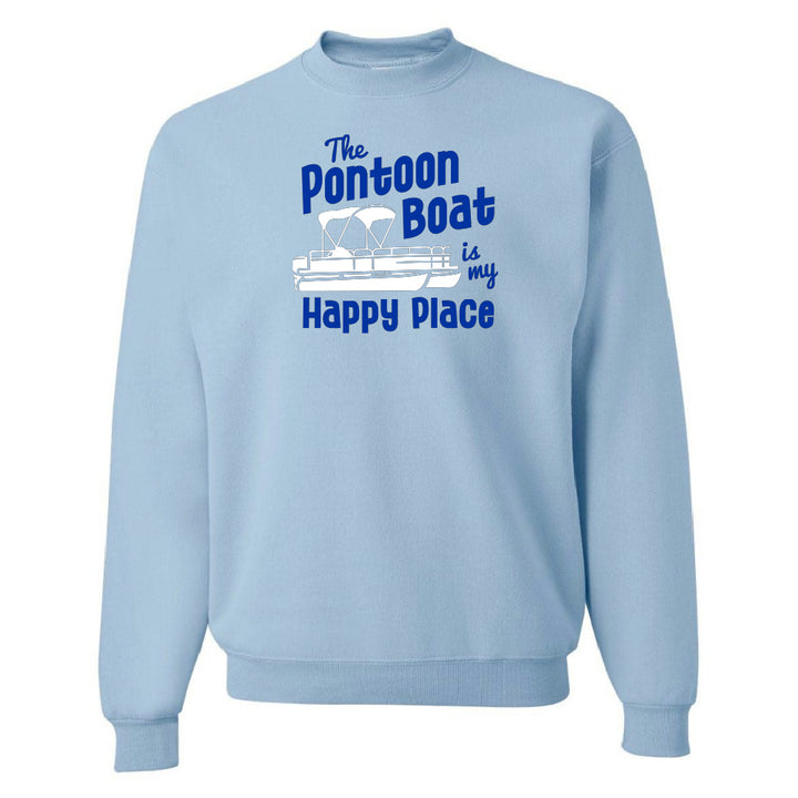 Light blue sweatshirt with 'The Pontoon Boat is my Happy Place' text and graphic on a white background