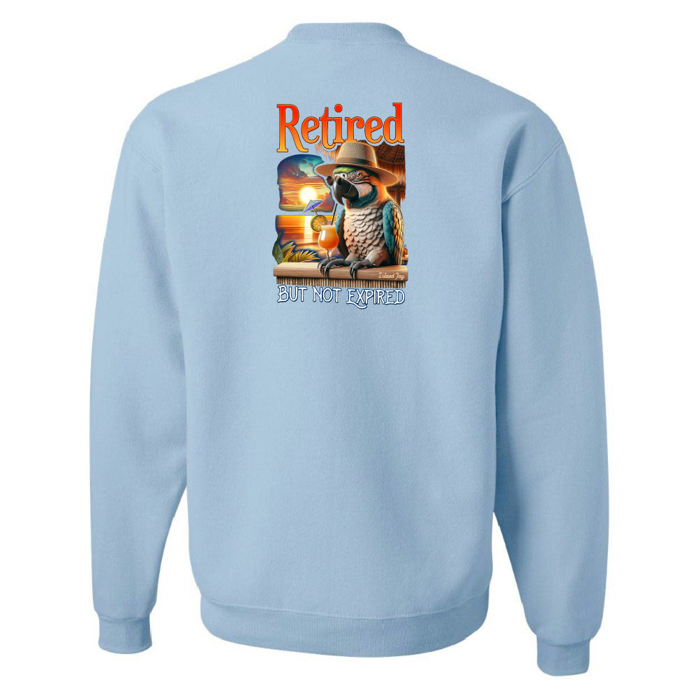 Light blue sweatshirt with a parrot graphic and text on the back, on a white background