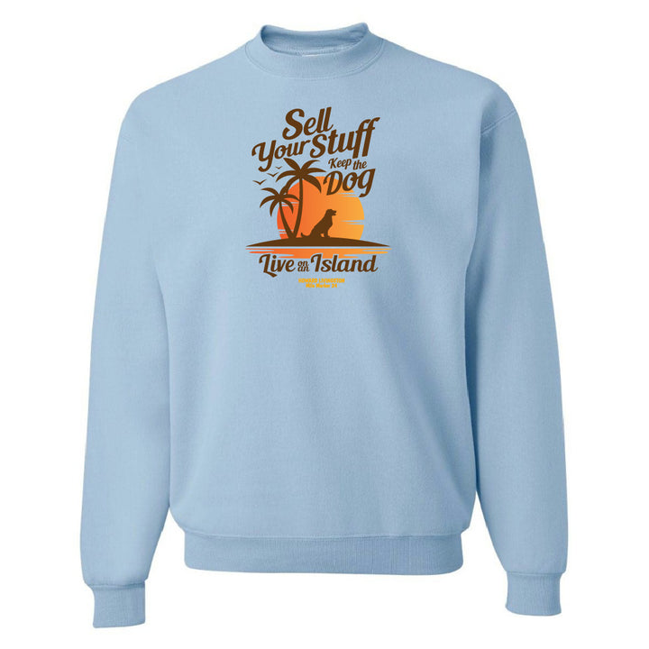 Light blue sweatshirt with a graphic design and text on a white background