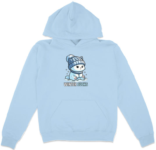 Light blue hoodie with a cartoon character and 'Winter Sucks' text on a white background