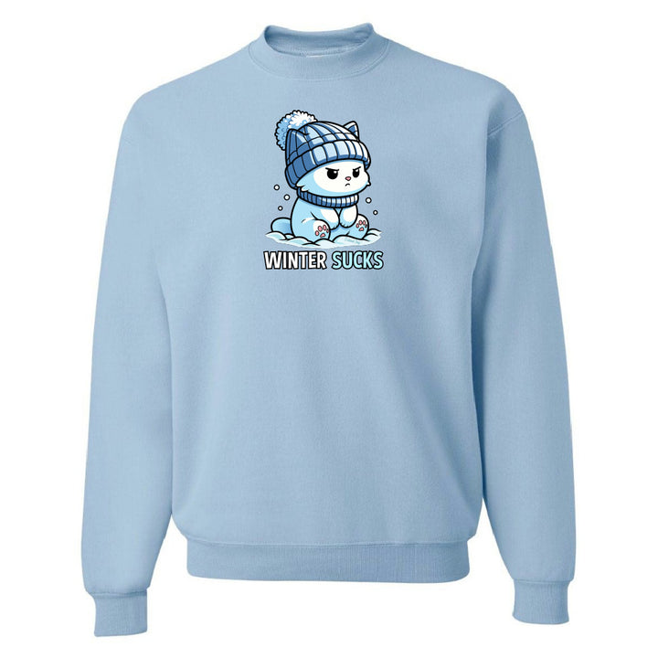 Light blue sweatshirt with a cartoon character and 'Winter Sucks' text on a white background