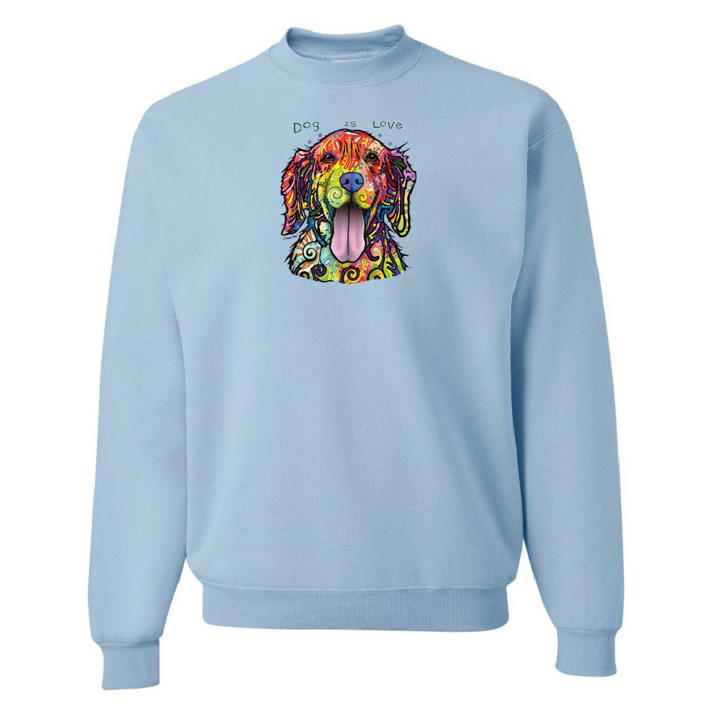 Light blue sweatshirt with a colorful dog illustration on a white background