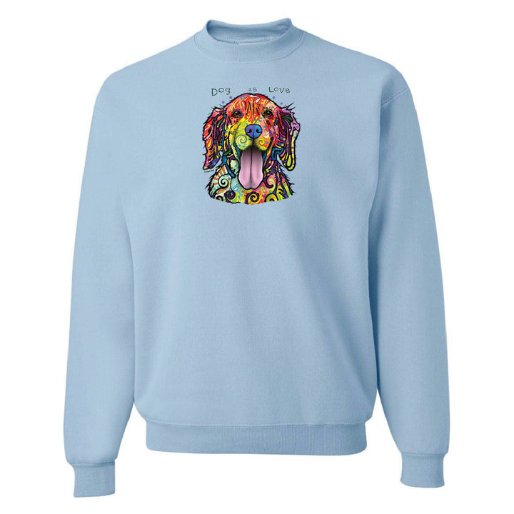 Light blue sweatshirt with a colorful dog illustration on a white background