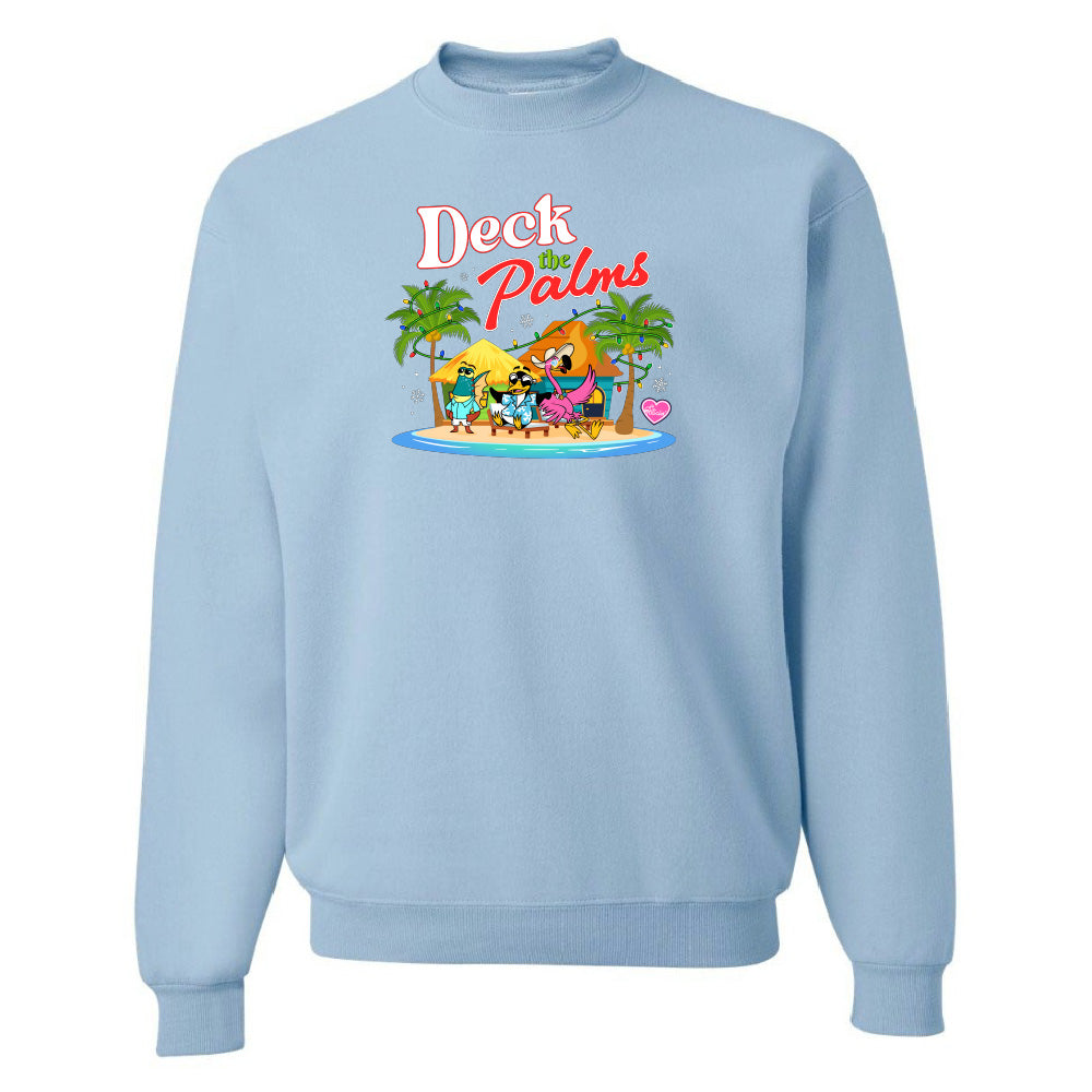 Light blue sweatshirt with 'Deck the Palms' graphic design on a white background