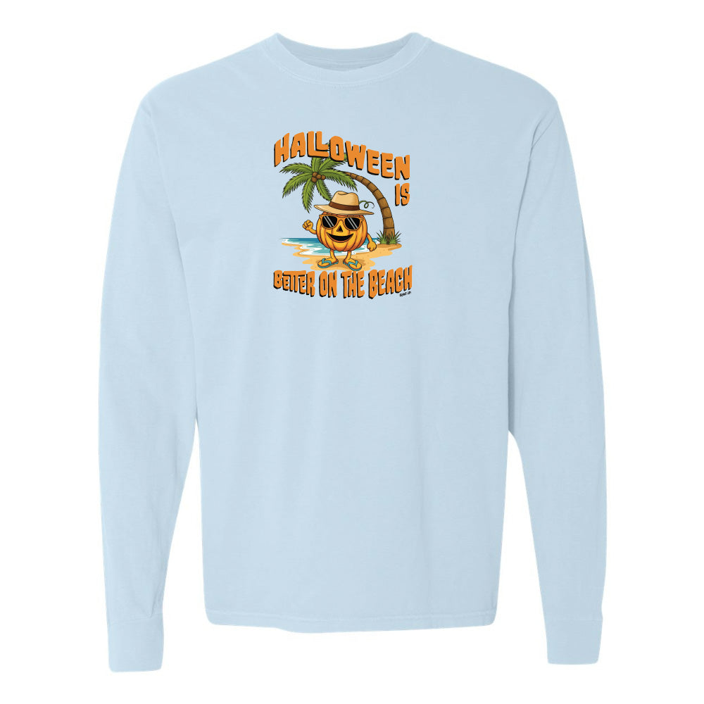 Light blue sweatshirt with Halloween design featuring a palm tree and pumpkin on a white background