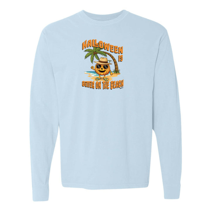 Light blue sweatshirt with Halloween design featuring a palm tree and pumpkin on a white background