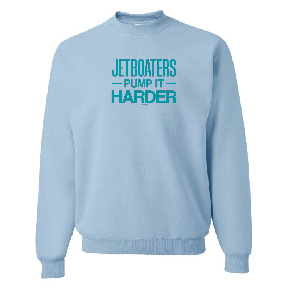 Light blue sweatshirt with teal text on a white background