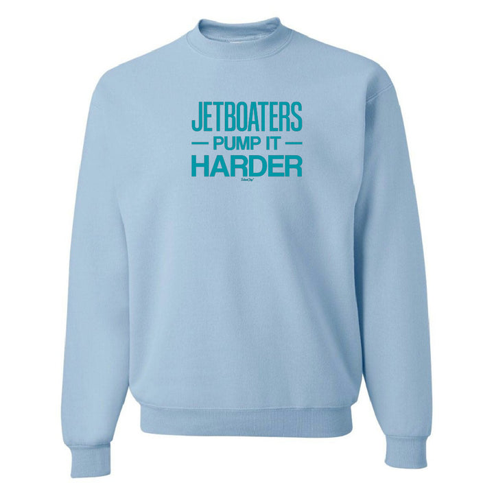 Light blue sweatshirt with teal text on a white background