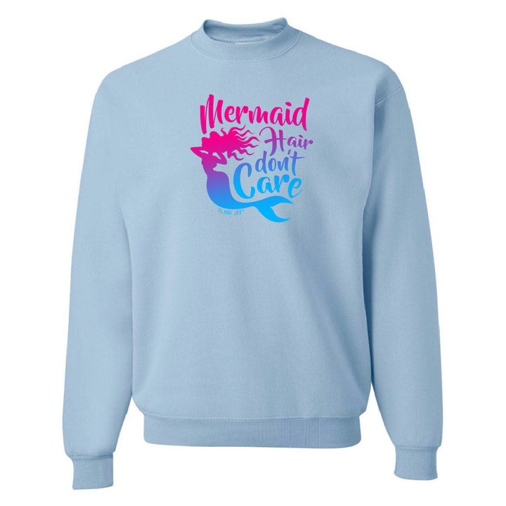 Light blue sweatshirt with mermaid graphic and text on a white background