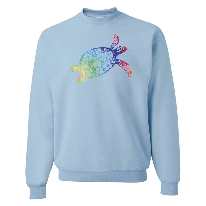 Light blue sweatshirt with a colorful turtle design on a white background