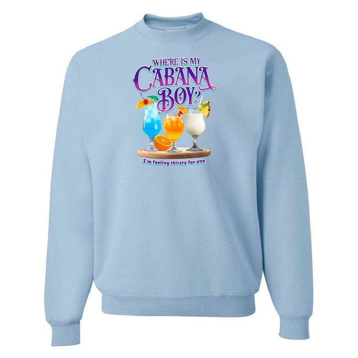 Light blue sweatshirt with tropical drink graphic and text on a white background