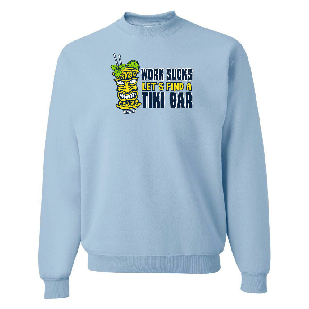 Light blue sweatshirt with a tiki bar graphic and text on a white background