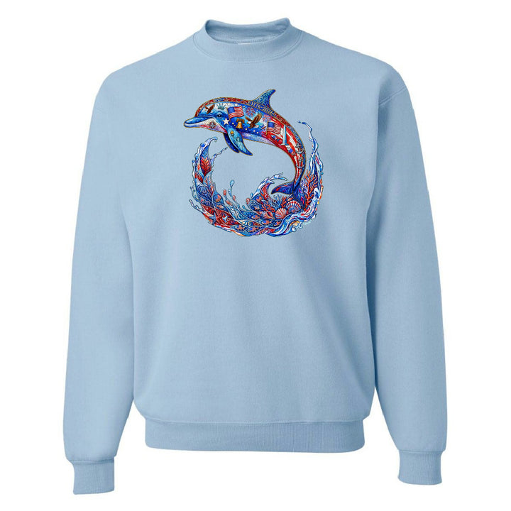 Light blue sweatshirt with a colorful dolphin design on a white background