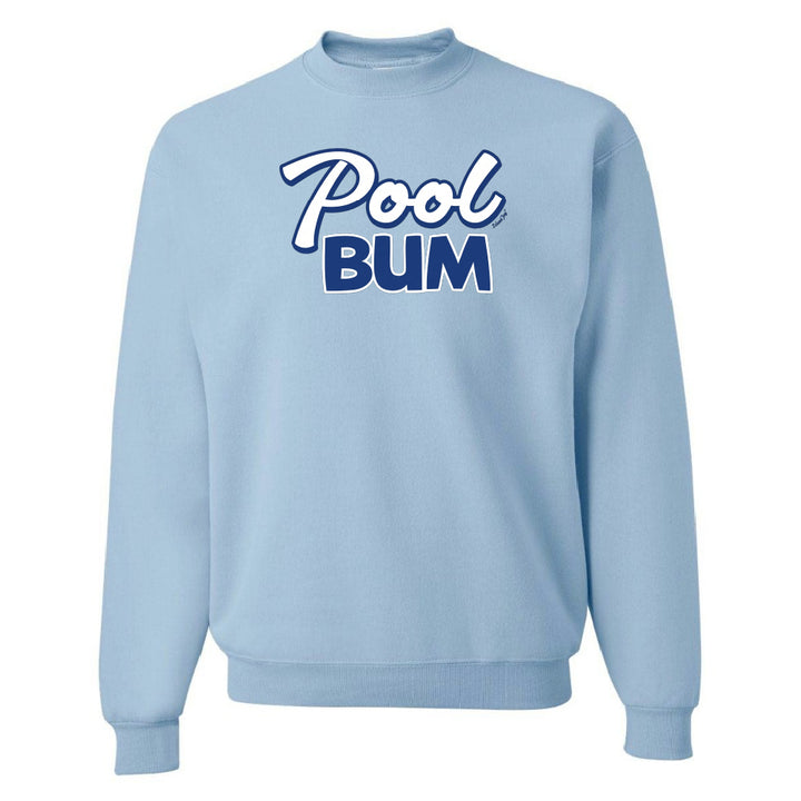 Light blue sweatshirt with 'Pool Bum' text on a white background