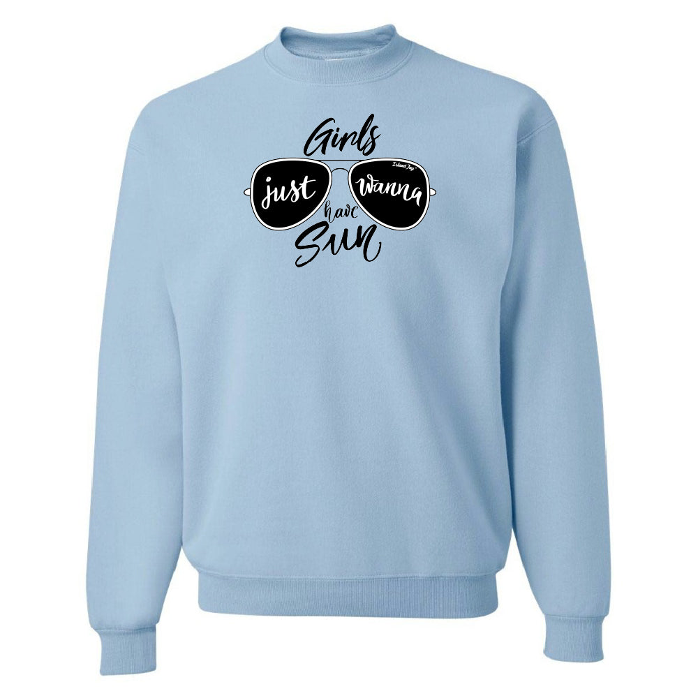 Light blue sweatshirt with sunglasses graphic and text on a white background
